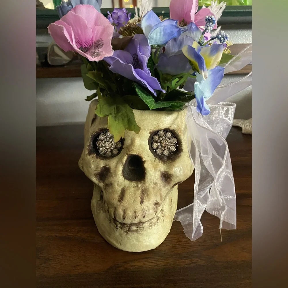 Charming Skull Vase with Rhinestone Eyes and Faux Florals